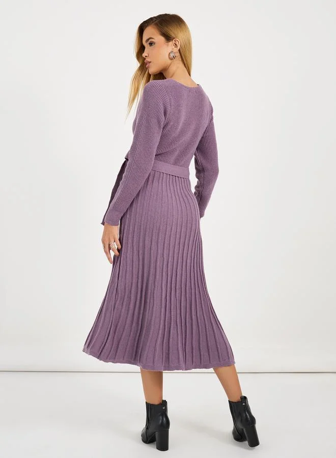 Styli Textured Knit Sweater Midi Dress with Tie Belt