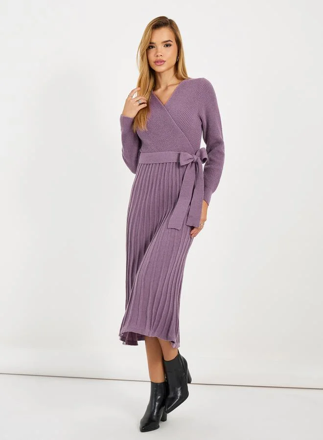 Styli Textured Knit Sweater Midi Dress with Tie Belt