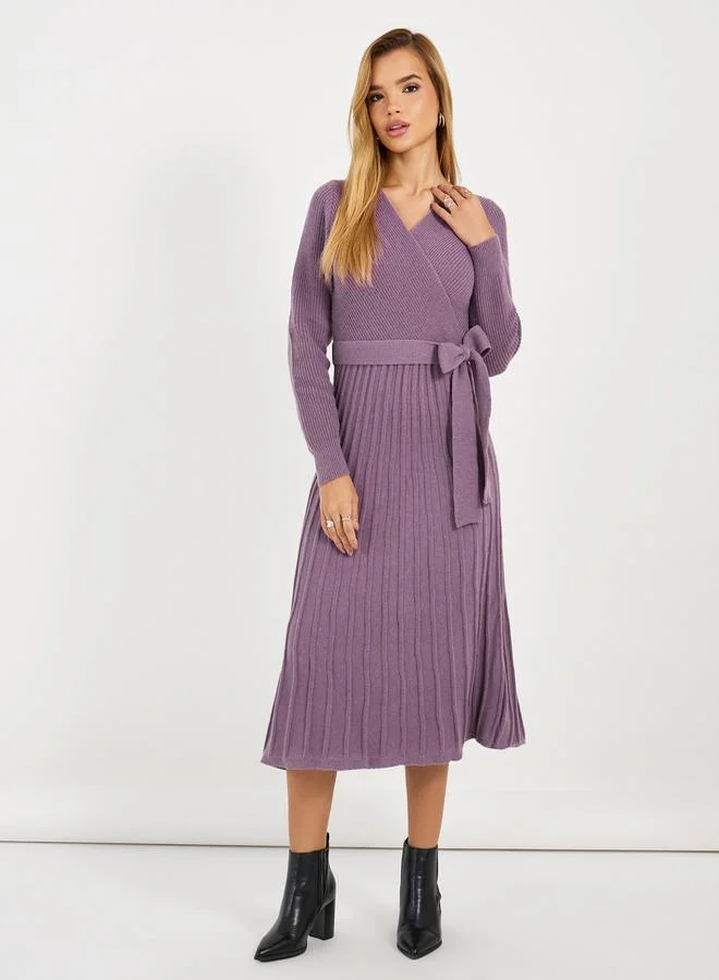 Styli Textured Knit Sweater Midi Dress with Tie Belt