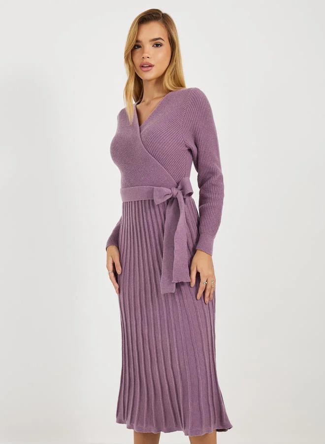 Styli Textured Knit Sweater Midi Dress with Tie Belt