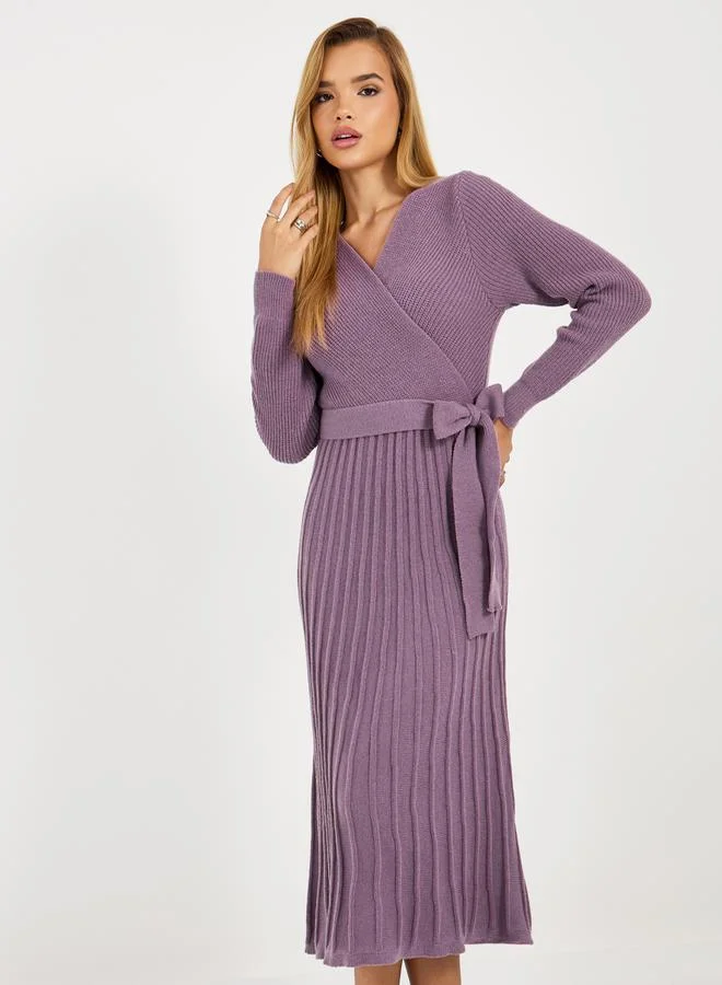 Styli Textured Knit Sweater Midi Dress with Tie Belt