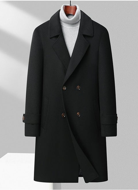 Men's Double-Sided Woolen Casual Coat With Thickened Lining Long Jacket Overcoat With Pockets Black
