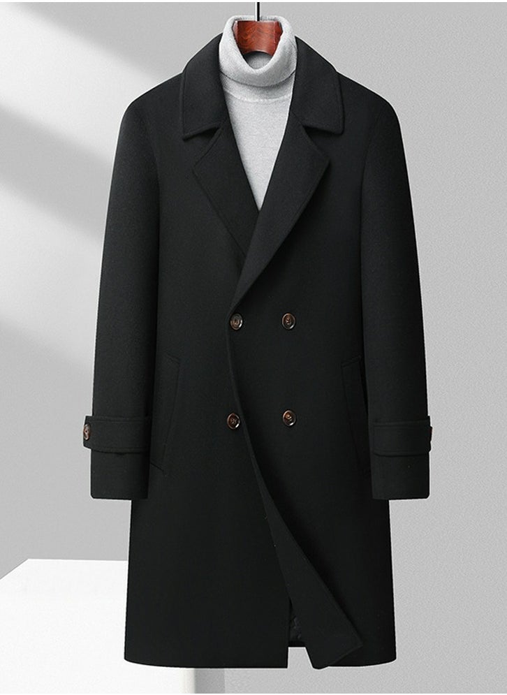 Loquat - Men's Double-Sided Woolen Casual Coat With Thickened Lining Long Jacket Overcoat With Pockets Black - Image 1