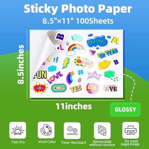 Uinkit 100 Sheets Printable Glossy Sticker Photo Paper 8.5x11 Full Sheet Inkjet Self Adhesive Photo Paper Label For for Scrapbooking, Brand Logo, Party Decor Stickers Letter Size - Image 2