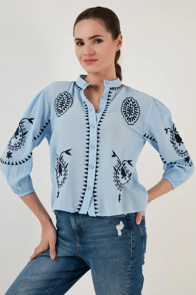 Lela Embroidered Three Quarter Sleeve Judge Collar Cotton Şile Cloth Shirt Women's Shirt 611BZ004410