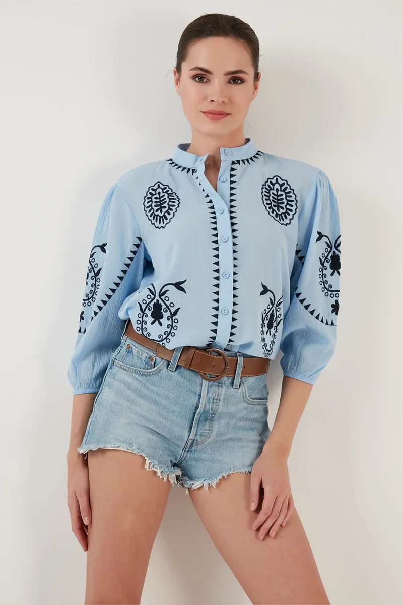 Lela Embroidered Three Quarter Sleeve Judge Collar Cotton Şile Cloth Shirt Women's Shirt 611BZ004410