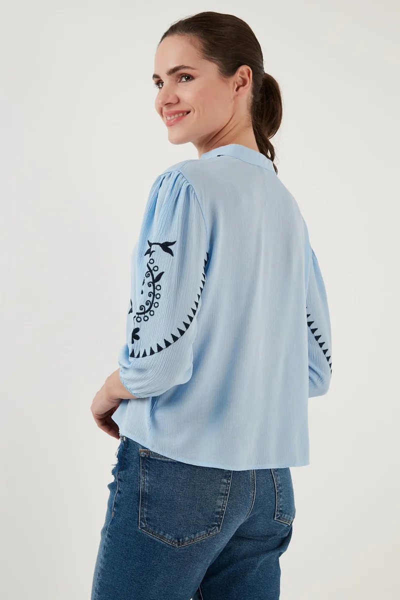 Lela Embroidered Three Quarter Sleeve Judge Collar Cotton Şile Cloth Shirt Women's Shirt 611BZ004410