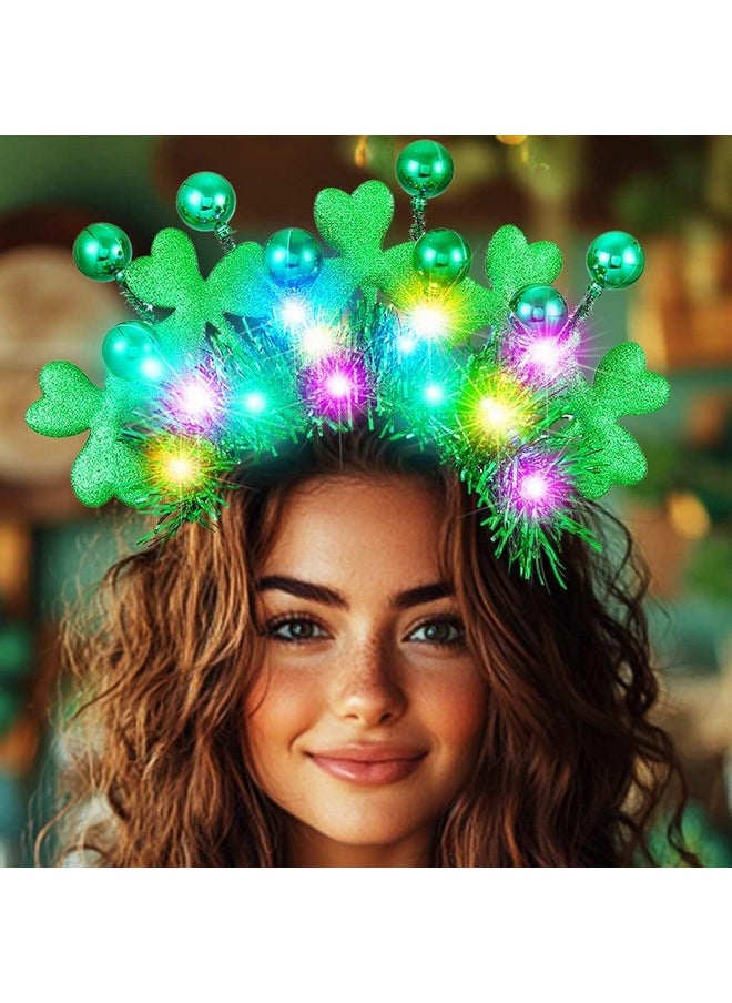 Catery Catery St Patrick's Day Headband Light Up Green Shamrock Hair Band Ball Irish Headwear Costume Accessories for Women and Girls  - Image 1