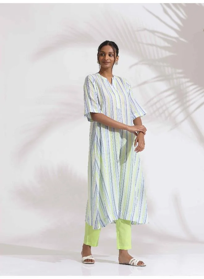 ترو برونز trueBrowns White Cotton Multi Stripe Flared Kurta Set