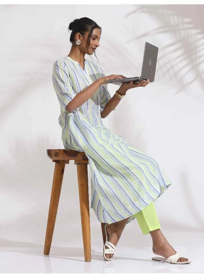 trueBrowns White Cotton Multi Stripe Flared Kurta Set