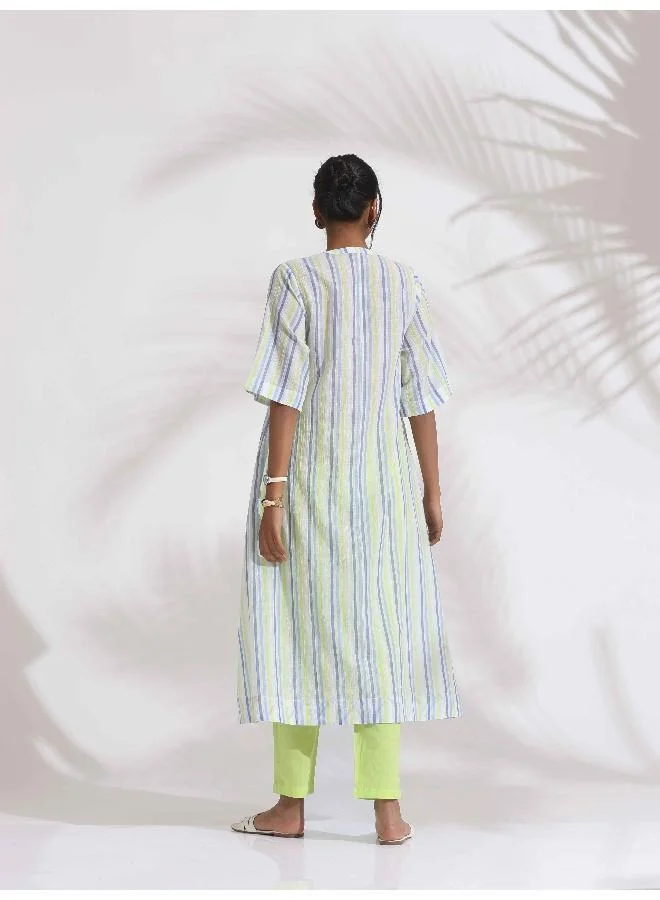 ترو برونز trueBrowns White Cotton Multi Stripe Flared Kurta Set