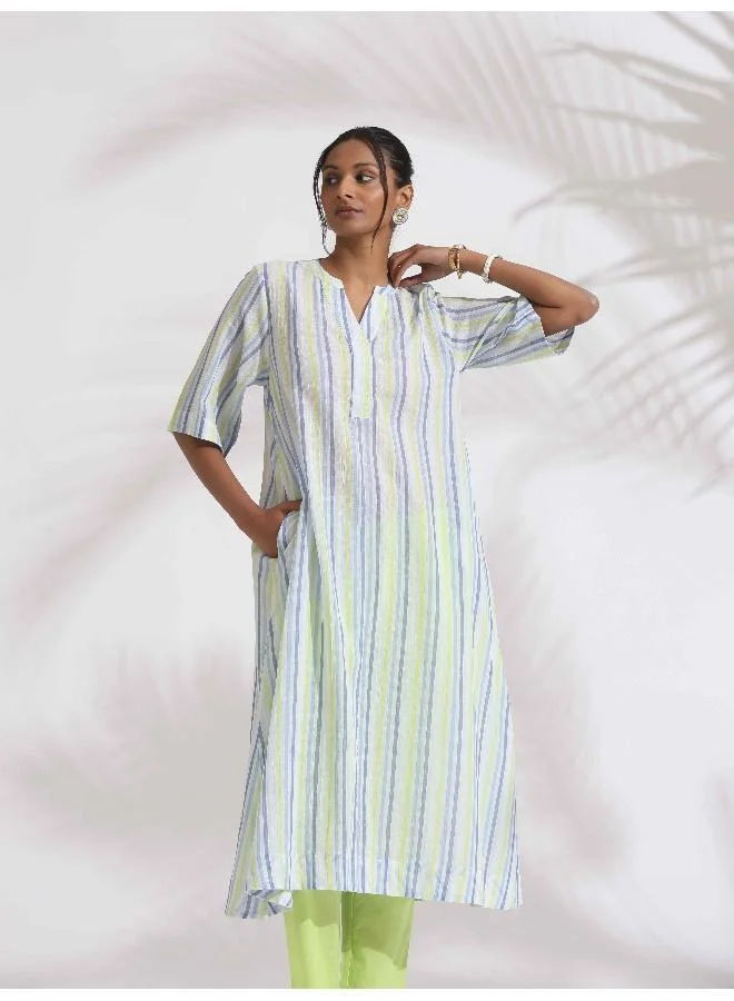 ترو برونز trueBrowns White Cotton Multi Stripe Flared Kurta Set