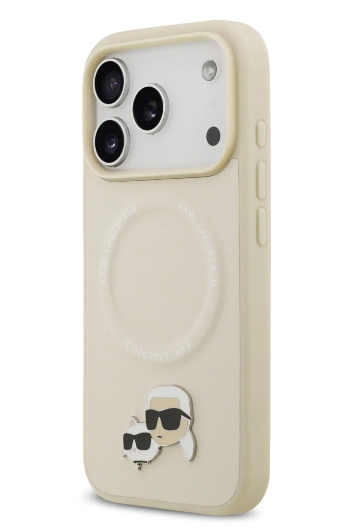 كارل لاغرفيلد جراب ماج سيف لهاتف iPhone 17 Pro / جراب من جلد البولي يوريثان مع دبابيس رأس كارل وشوبيت / بيج - Image 3