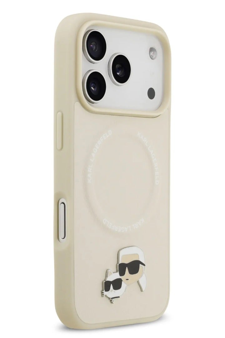 كارل لاغرفيلد جراب ماج سيف لهاتف iPhone 17 Pro / جراب من جلد البولي يوريثان مع دبابيس رأس كارل وشوبيت / بيج - Image 4