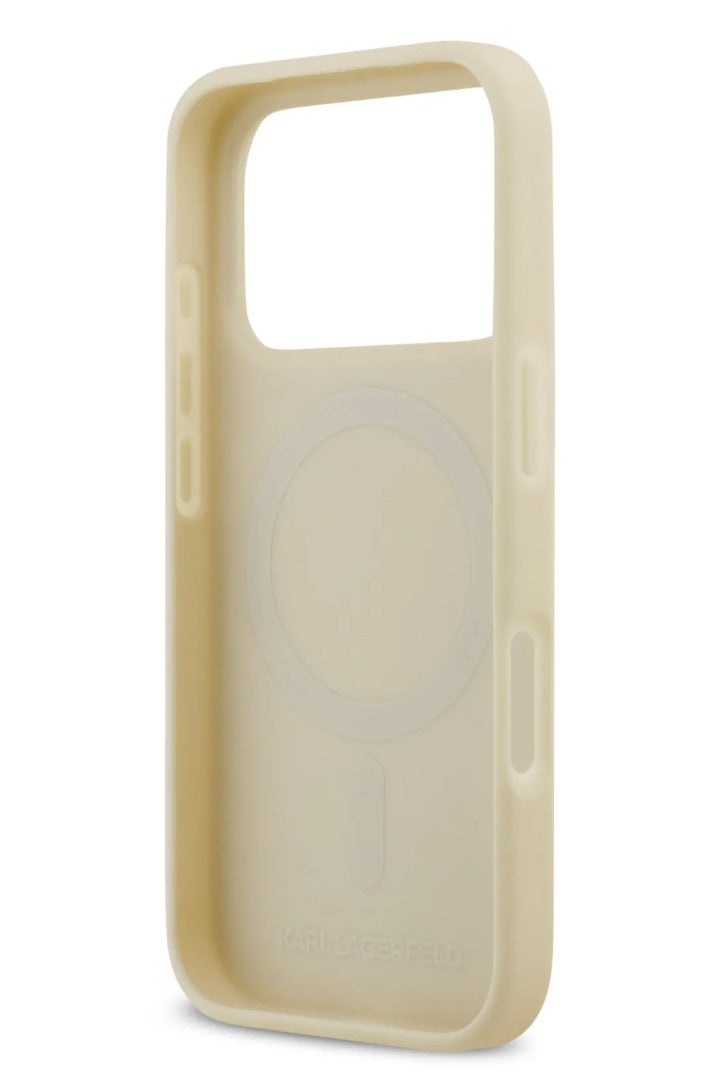 كارل لاغرفيلد جراب ماج سيف لهاتف iPhone 17 Pro / جراب من جلد البولي يوريثان مع دبابيس رأس كارل وشوبيت / بيج - Image 5