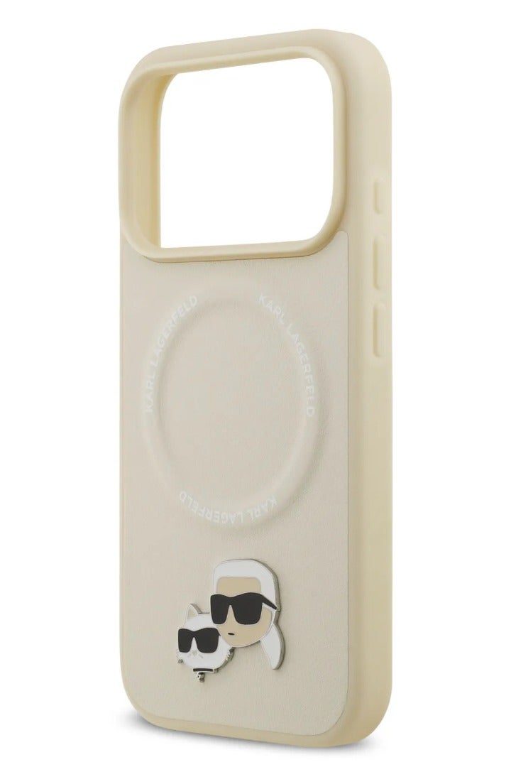 كارل لاغرفيلد جراب ماج سيف لهاتف iPhone 17 Pro / جراب من جلد البولي يوريثان مع دبابيس رأس كارل وشوبيت / بيج - Image 2