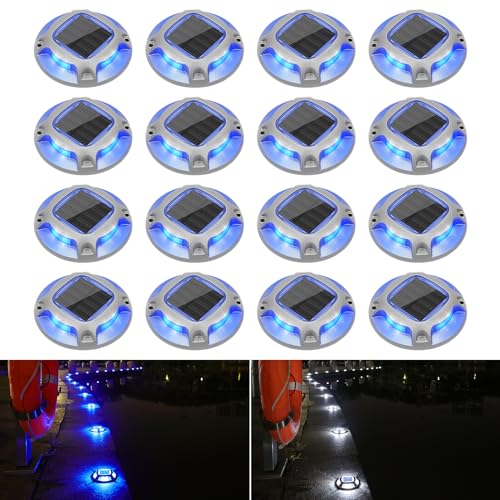 VOLISUN Solar Driveway Lights Dock Marine Lights 16 Pack,2 Colors in 1,Outdoor LED Deck Light,Solar Powered Waterproof Warning Step Light for Driveway Sidewalk Pathway (Blue/White) - Image 1