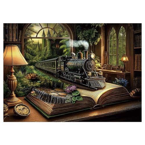 BBOLDIN Train Fantasy Forest Puzzle 1000 Pieces for Adults Magic Book Vintage Castle Jigsaw Puzzles Nature Plant Tree Bookshelf Puzzles - Image 1