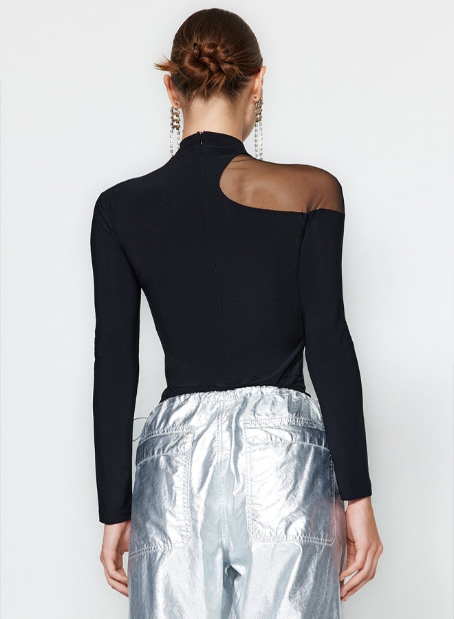 trendyol Black Transparent Detailed Knitted Tulle Bodysuit TPRAW24BD00011 - Image 5