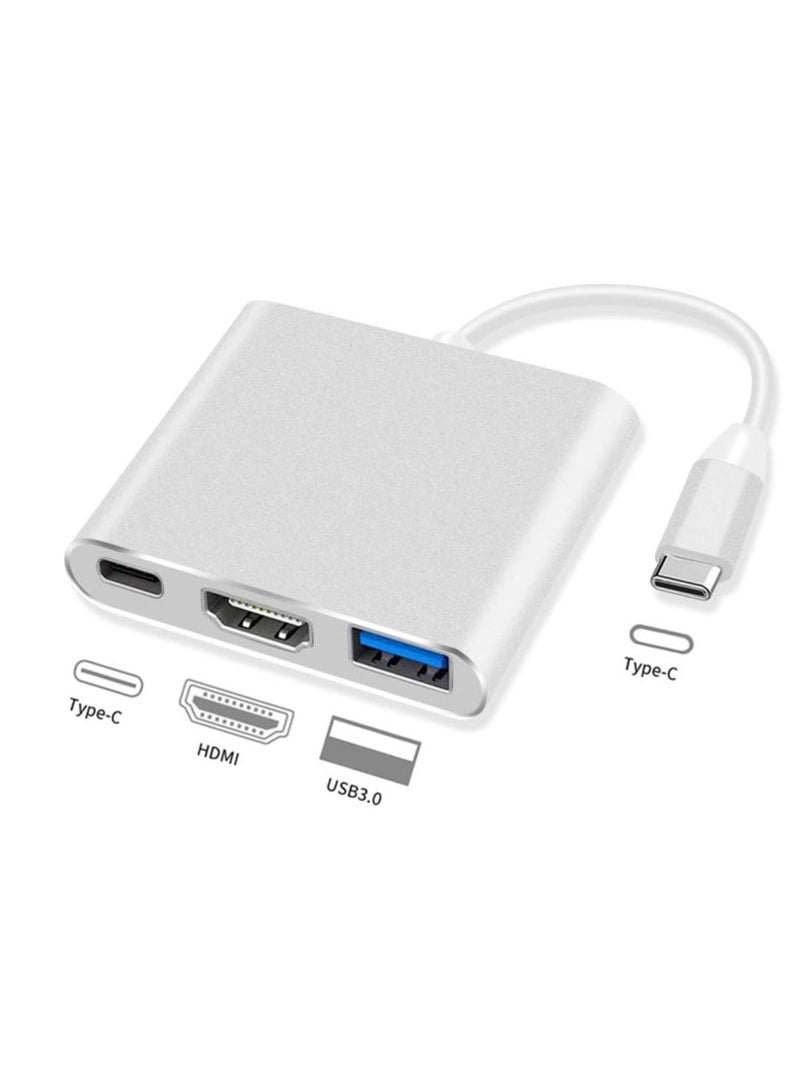 3-in-1 multi-port converter from USB Type-C to 4K HDMI and 3.0 port for fast charging, compatible with MacBook, Chromebook, and laptops, color silver. - Image 1