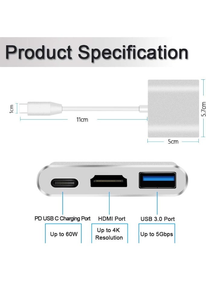 3-in-1 multi-port converter from USB Type-C to 4K HDMI and 3.0 port for fast charging, compatible with MacBook, Chromebook, and laptops, color silver. - Image 2