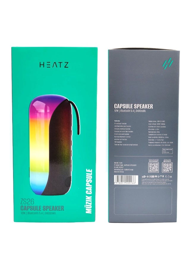 هيتز مكبر صوت كبسولة HEATTZ ZS26 محمول بتقنية البلوتوث 5.4 مع مخرج صوت عالي الدقة بقوة 12 وات (6 وات × 2)، وبطارية 2400 مللي أمبير في الساعة، وميكروفون مدمج للمكالمات اللاسلكية، وعرض ضوئي ديناميكي متغير الألوان RGB، وتصميم مقاوم للماء IPX (طراز ZS26) - Image 5