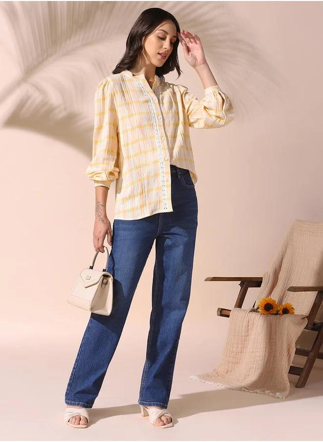 Dennis Lingo Women yellow regular fit checkered full sleeves t-shirt viscose top with button closure featuring a mandarin collar- your next go-to for effortless flair.