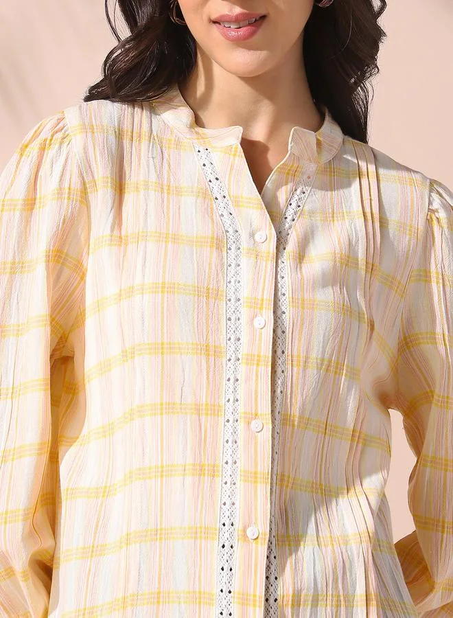 Dennis Lingo Women Yellow Regular Fit Checkered Full Sleeves T-Shirt Viscose Top With Button Closure Featuring