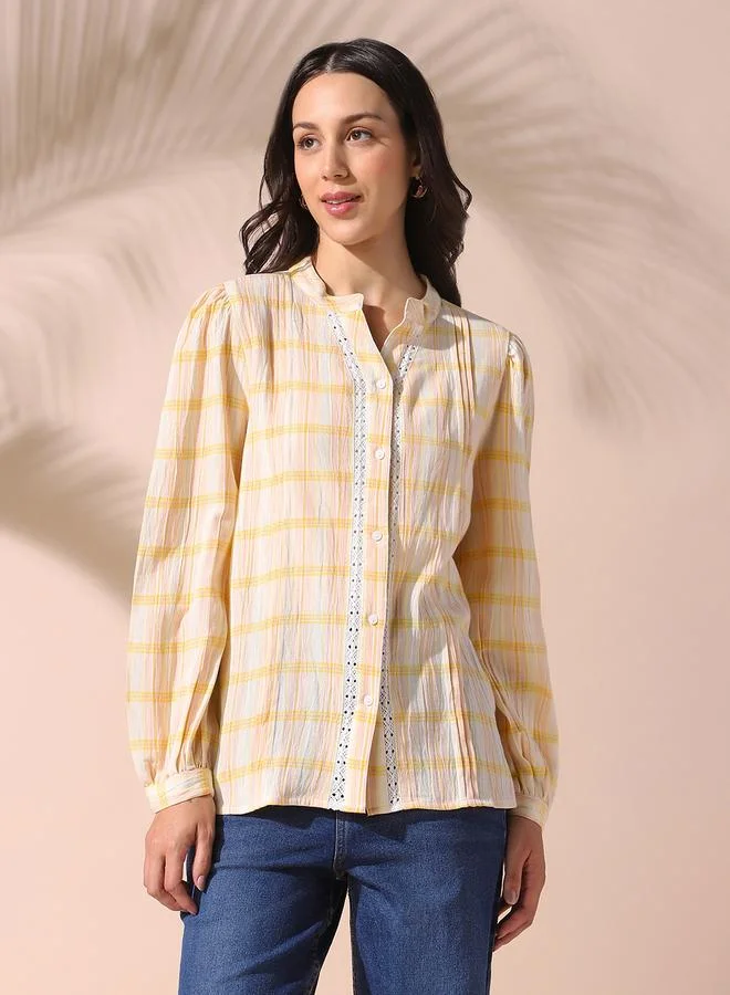 Dennis Lingo Women Yellow Regular Fit Checkered Full Sleeves T-Shirt Viscose Top With Button Closure Featuring