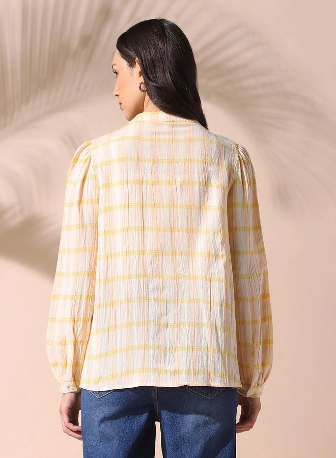 Dennis Lingo Women Yellow Regular Fit Checkered Full Sleeves T-Shirt Viscose Top With Button Closure Featuring