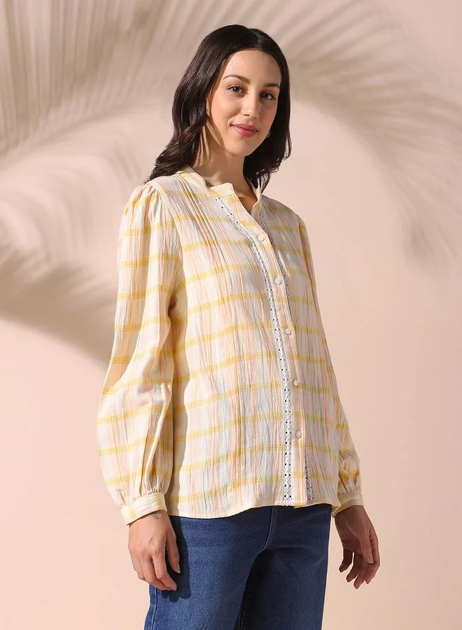 Dennis Lingo Women Yellow Regular Fit Checkered Full Sleeves T-Shirt Viscose Top With Button Closure Featuring