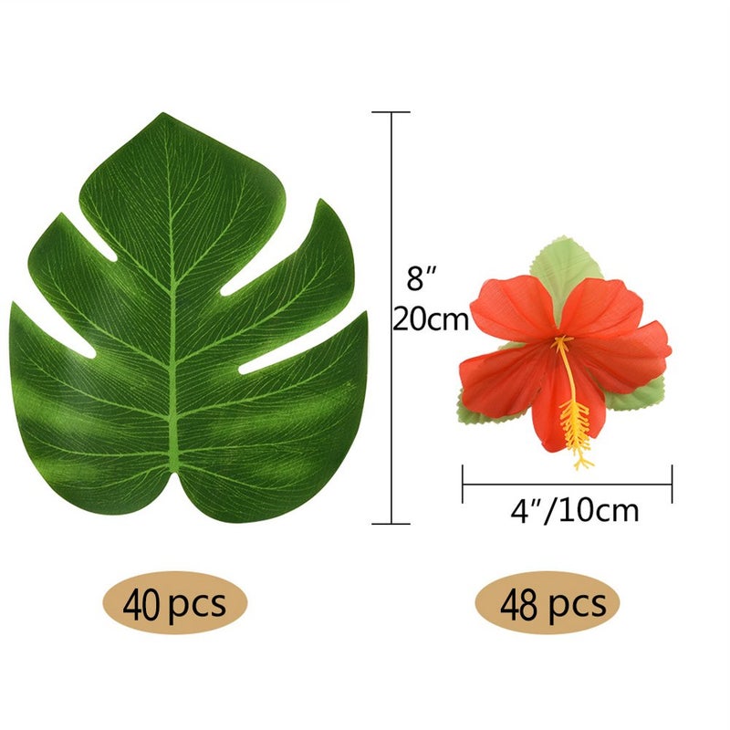 KUUQA 88 Pcs 20cm/8"" Tropical Palm Leaves and Silk Hibiscus Flowers Party Decor  Artificial Monstera Plant Leaves Flowers Hawaiian Luau Party Jungle Beach Theme BBQ Birthday Party Decorations Supplie - Image 2