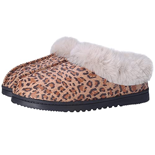 UBXRIN Womens Fuzzy Memory Foam Slippers Boots Cozy Faux Fur House Shoes Indoor Outdoor Rubber Sole Anti-Skid,Cheetah US7-8 - Image 1