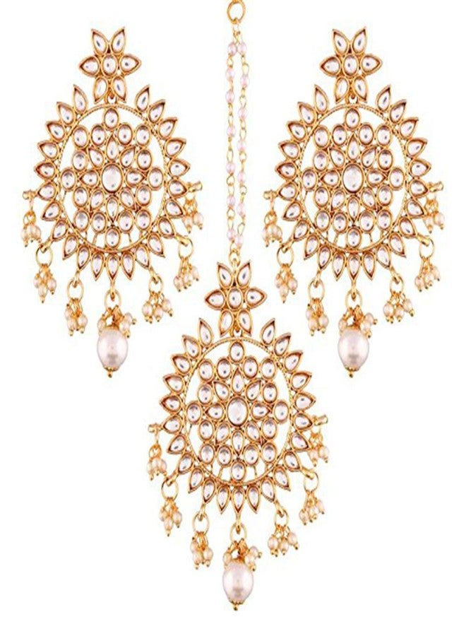 Aheli Ethnic Faux Kundan Drop Pearl Beads Dangle Earrings Maang Tikka Set Bollyood Wedding Party Fashion Jewelry Gift for Women (Drop Pearls White) - Image 1