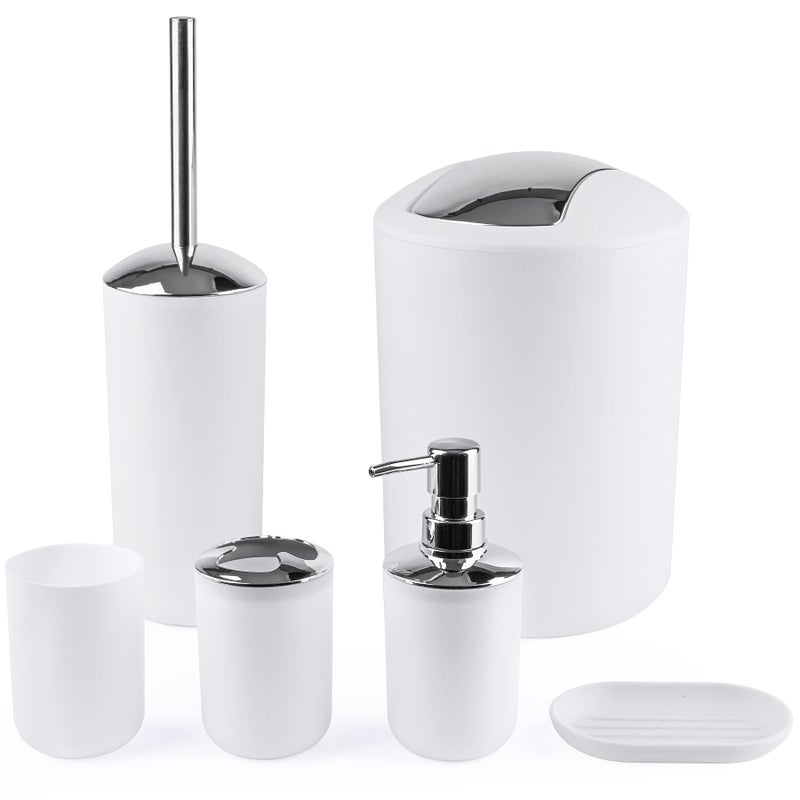 Papillon 6Piece Bathroom Organization Set Toothbrush Holder with Cup Soap Dispenser  Dish Toilet Brush Trash Can Tumbler Set White