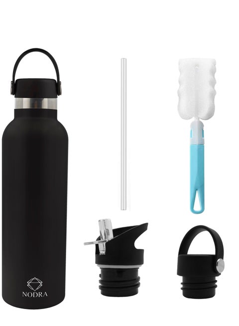 Stainless Steel Bottle, Double Wall Insulated Insulated Heat and Cold Retention, Leak Proof with 2 Caps and Cleaning Brush 750ml