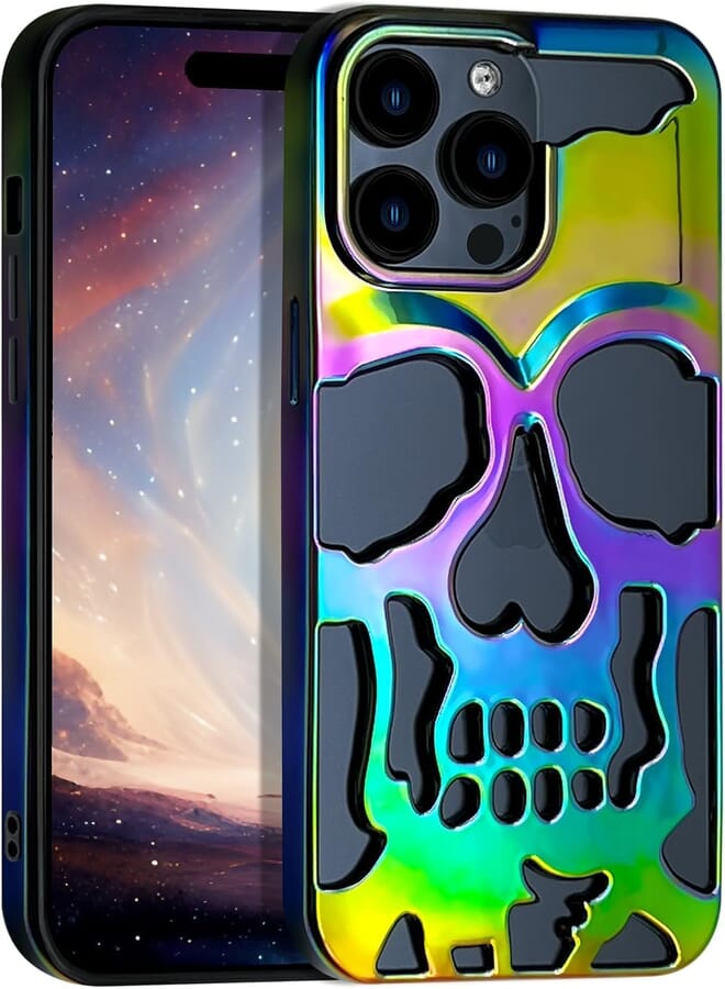 Next Store Compatible with iPhone 15 pro max PC Case Skull Design with Laser Technology Colorful Film, Glitter Coated Hollow, Slim Stylish Cover." (Multicolor)