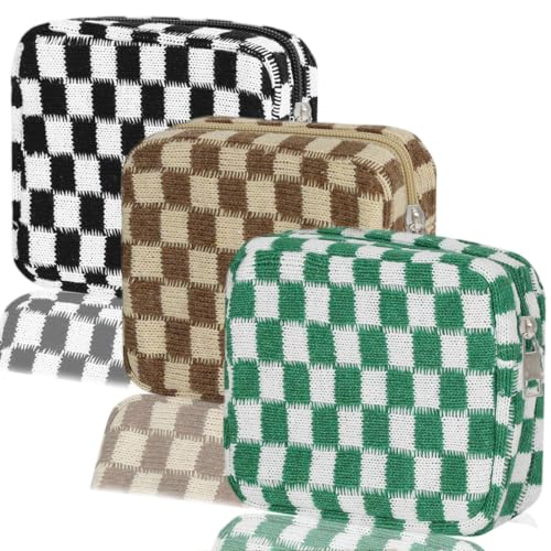 KOTORA 3pcs Checkered Mini Makeup Bag Pocket Cosmetic Bag Portable Aesthetic Preppy Makeup Bag for Women Mini Travel Makeup Organizer Storage Car Accessories Black Green Brown - Image 1