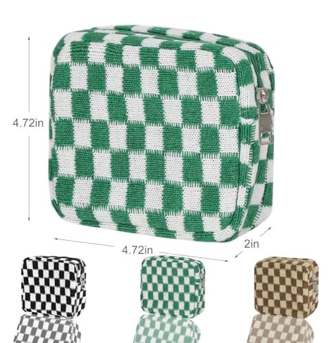 KOTORA 3pcs Checkered Mini Makeup Bag Pocket Cosmetic Bag Portable Aesthetic Preppy Makeup Bag for Women Mini Travel Makeup Organizer Storage Car Accessories Black Green Brown - Image 3
