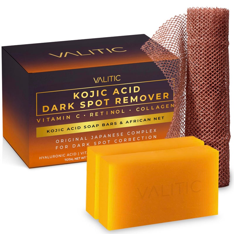 VALITIC Kojic Acid Dark Spot Remover Soap with Turmeric, Vitamin C, Retinol - Original Japanese Complex with Hyaluronic Acid, Vitamin E, Shea Butter, Castile Olive Oil - 2 Pack and African Net Sponge - Image 1