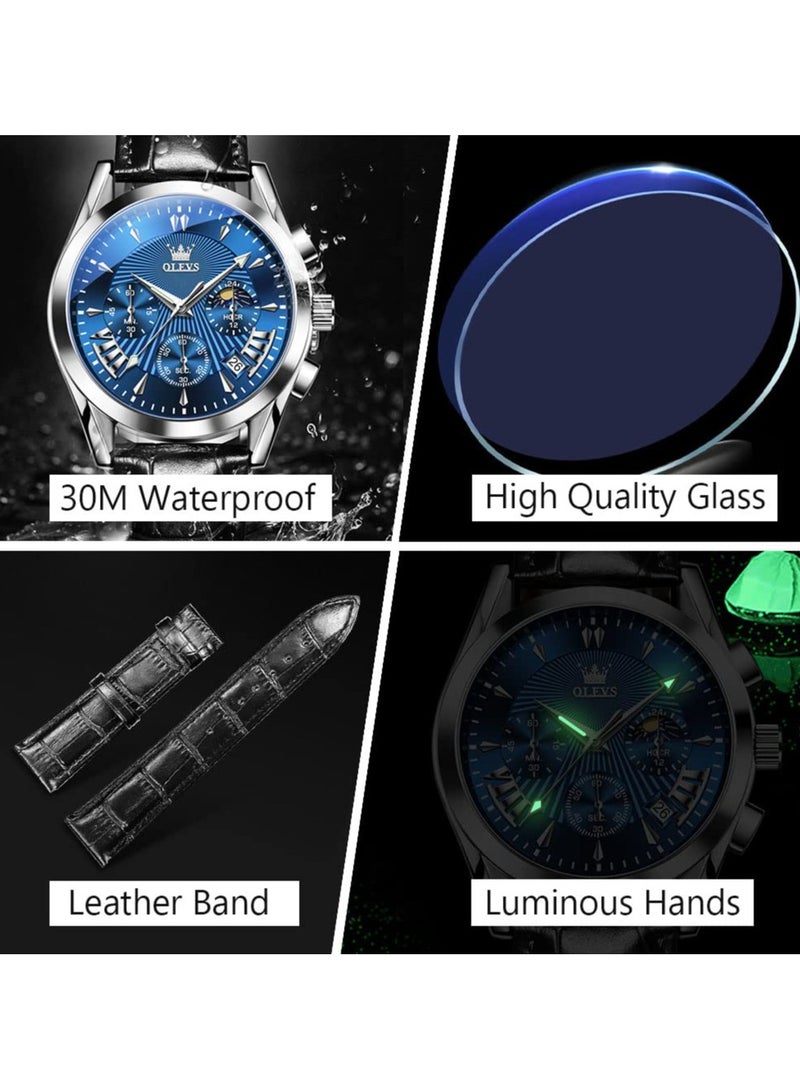 OLEVS Men's Casual Leather Watch, Big Face Chronograph Watch For Men, Fashion Easy to Read Dress Watch, Men's Waterproof Luminous Date Analog Watch - Image 5