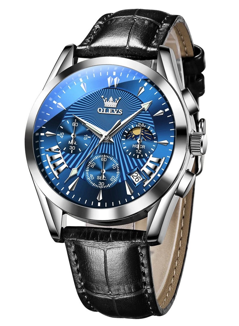 OLEVS Men's Casual Leather Watch, Big Face Chronograph Watch For Men, Fashion Easy to Read Dress Watch, Men's Waterproof Luminous Date Analog Watch - Image 1