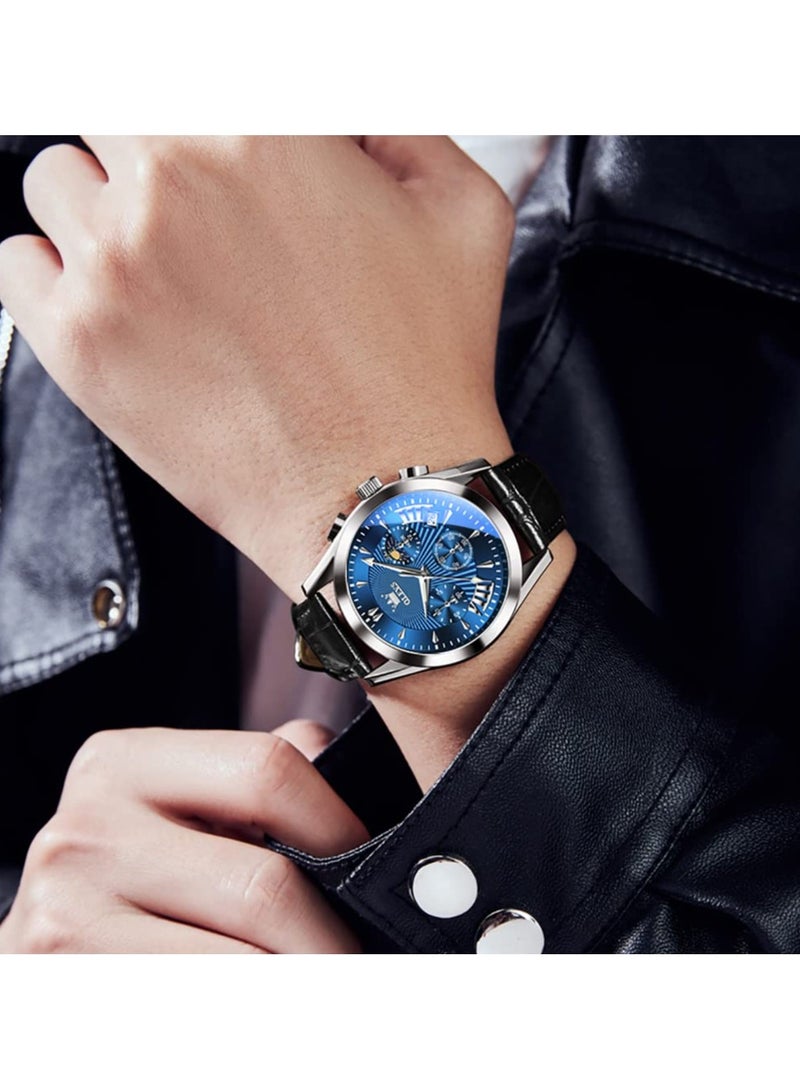 OLEVS Men's Casual Leather Watch, Big Face Chronograph Watch For Men, Fashion Easy to Read Dress Watch, Men's Waterproof Luminous Date Analog Watch - Image 3