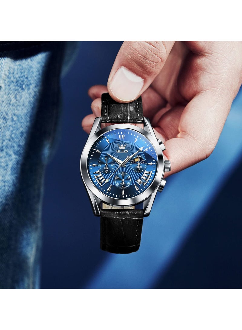 OLEVS Men's Casual Leather Watch, Big Face Chronograph Watch For Men, Fashion Easy to Read Dress Watch, Men's Waterproof Luminous Date Analog Watch - Image 4