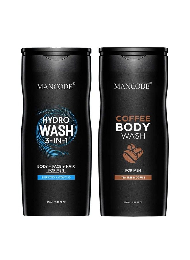 MAN CODE Mancode Body Wash For Men Refreshing & Detoxifying Treats Oily Skin Body Wash Gel For Men Size One Bottle 450Ml (Coffee Caffeine And Hydro 3 In 1 Body Wash Gel Pack Of 2)  - Image 1