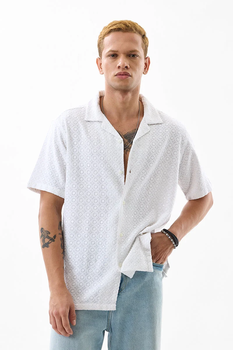 SNITCH White Embroidered Half Sleeve Boxy Shirt