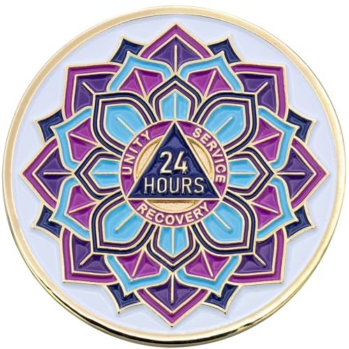 Sobriety Mint 24 ساعة AA عملة - ميدالية/شريحة التعافي 'في الإزهار' زهرة اللوتس - أبيض/ذهبي - Image 1