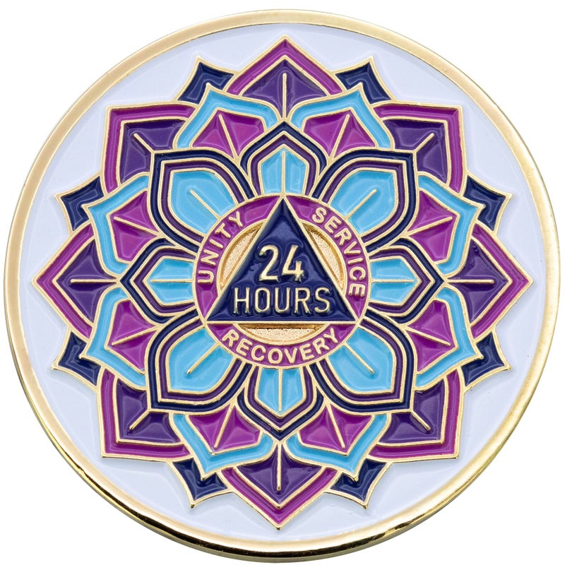 Sobriety Mint 24 ساعة AA عملة - ميدالية/شريحة التعافي 'في الإزهار' زهرة اللوتس - أبيض/ذهبي - Image 5