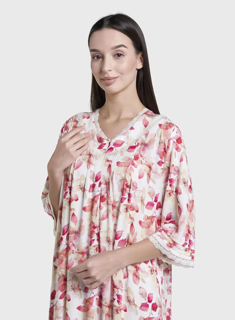 كشخة Red  Print Rayon Long Nightwear Dress (CNH484)