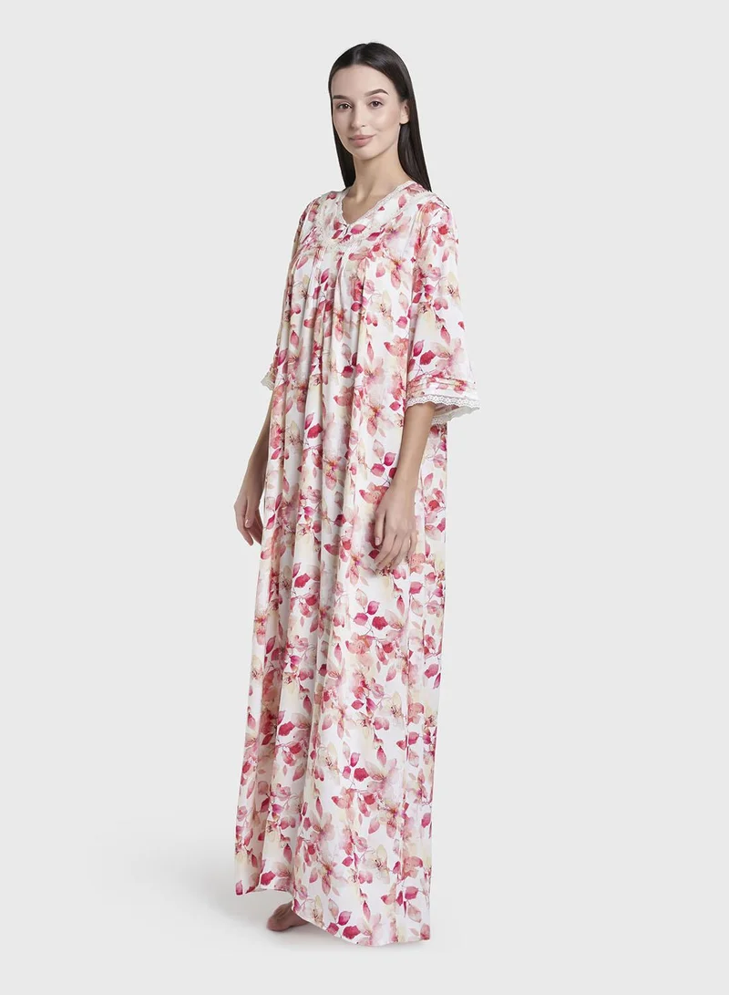 Kashkha  Red  Print Rayon Long Nightwear Dress (CNH484) for Women | Best Price UAE